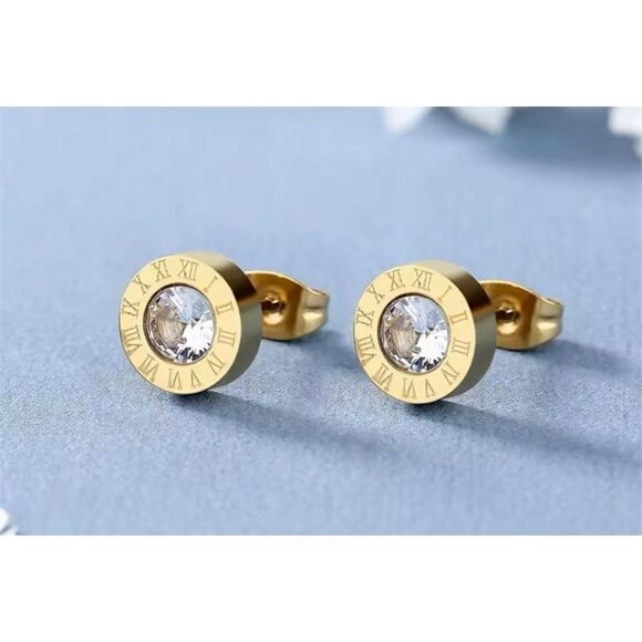 Gold-Tone Crystal Roman Numeral Stud Earrings | Elegant Jewelry |‎ Tiffany Style - Picture 6 of 6